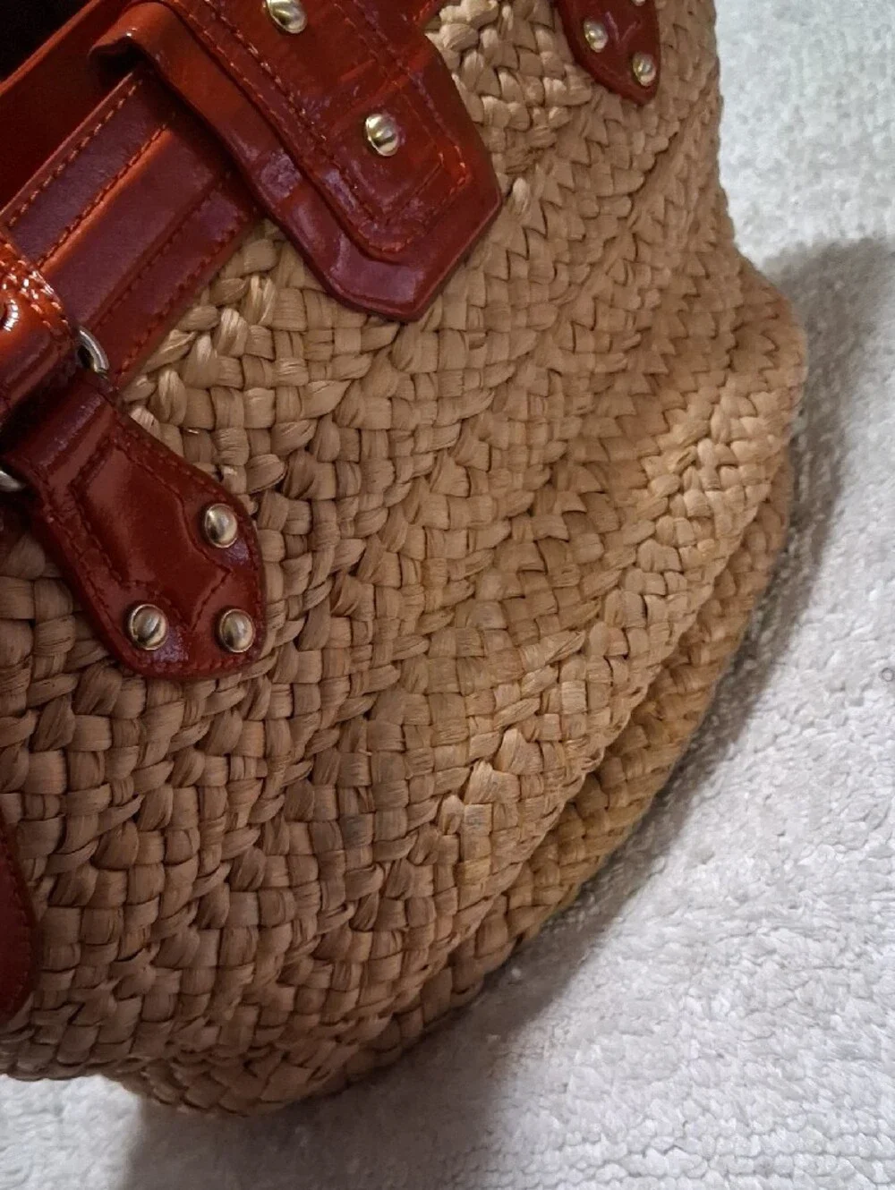MICHAEL Michael Kors Woven Straw Tote with Burnt Orange Patent Trim